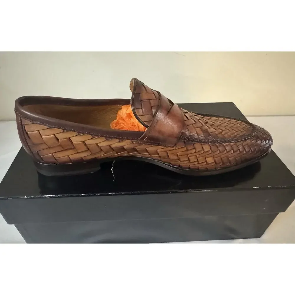 NIB Magnanni ‘Herman’ Cognac Brown Woven Leather Loafers 43.5EU/10.5US $595.00